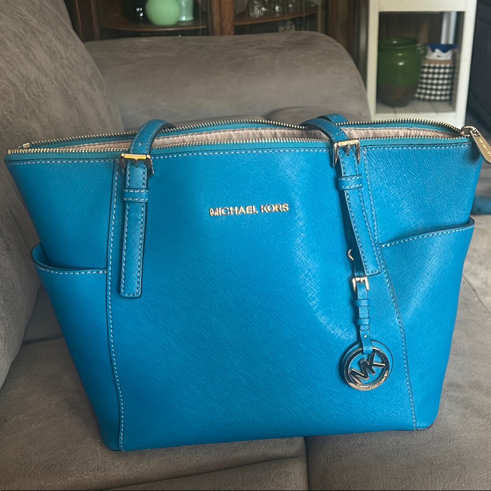 Michael Kors Blue Leather Tote with Silver Hardware